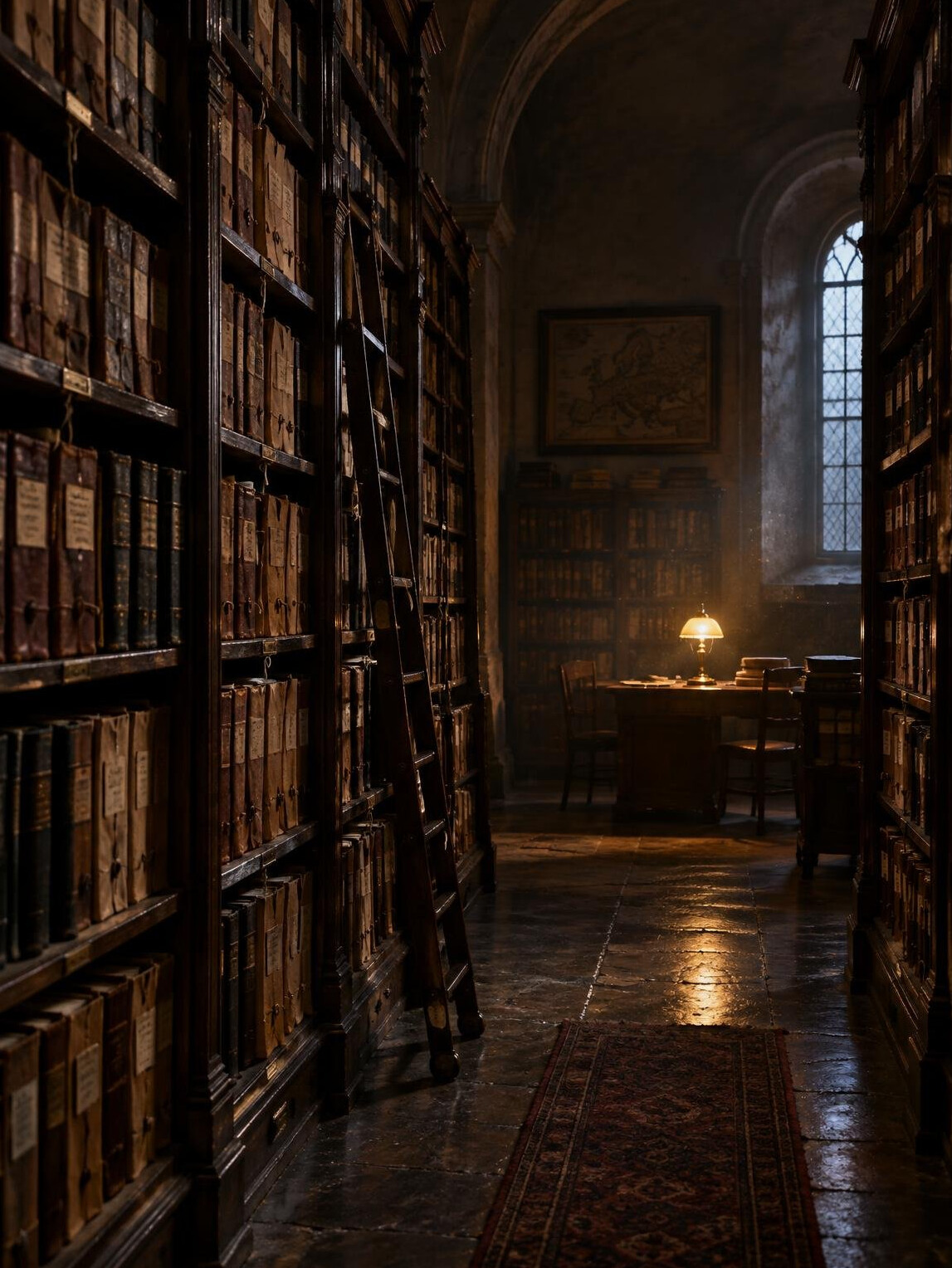 Dimly lit old library with tall wooden shelves and warm lamp light