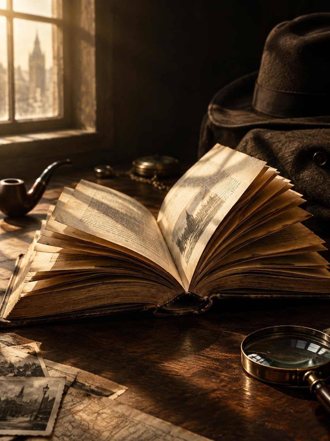 Open book with pages fanned out in warm light