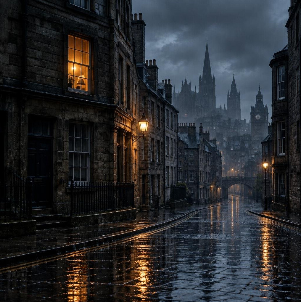 Old city buildings with rain and reflections