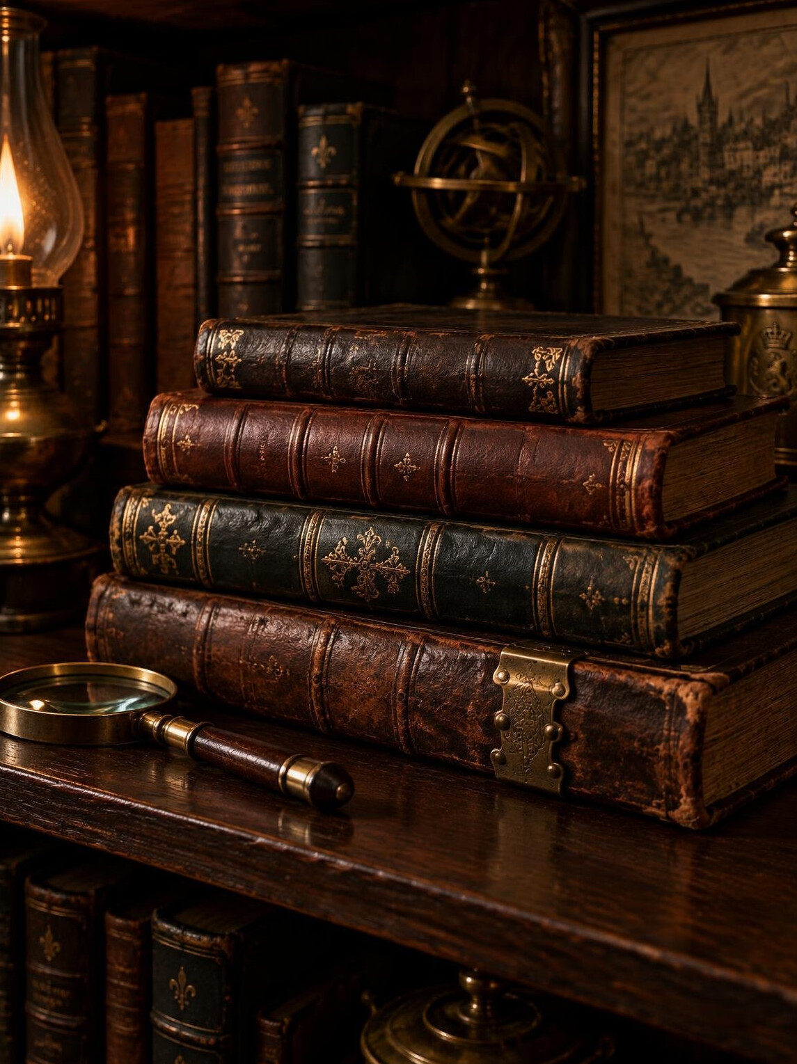 Antique books stacked with a leather cover