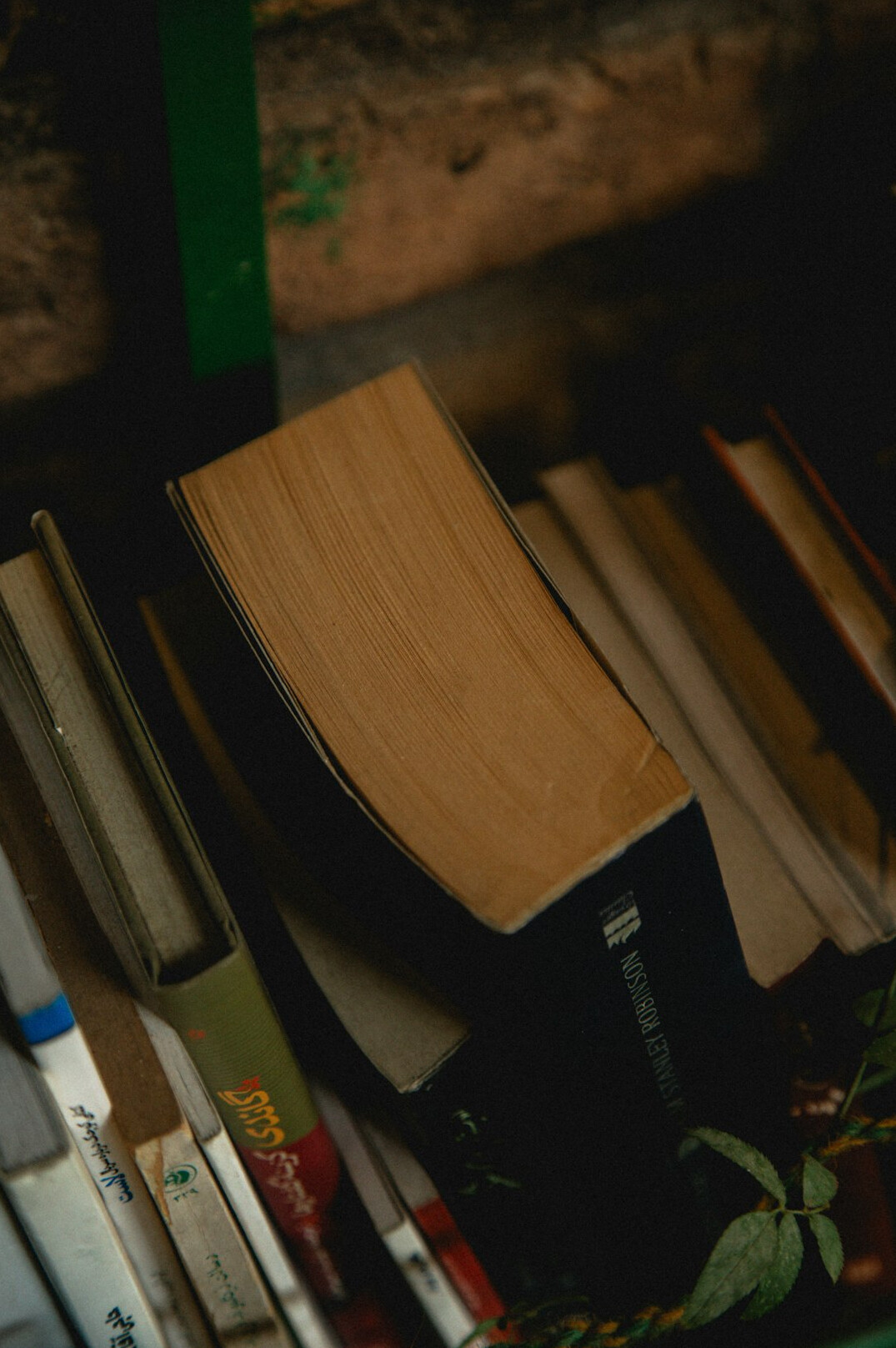 Pile of old books on a shelf